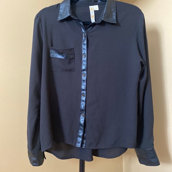 Adiva Vegan Leather Sheer Button Down Blouse - Picture 2 of 3